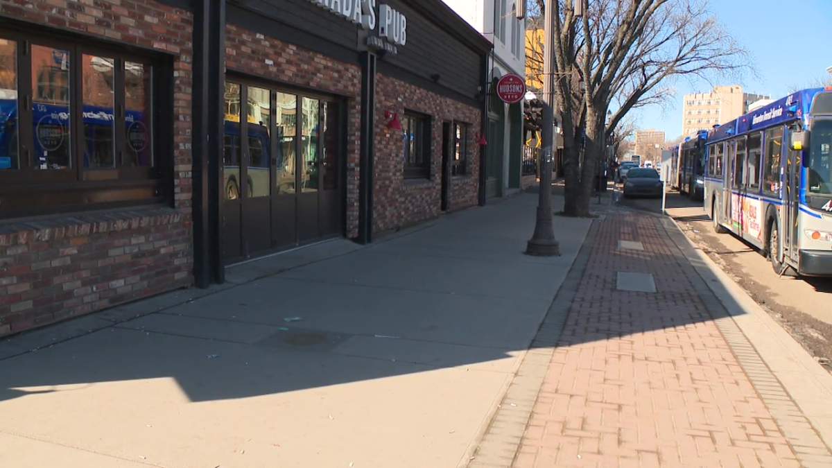 The renovated and expanded sidewalk beside Hudsons Canada's Pub on Whyte Avenue on Monday, April 1, 2024.