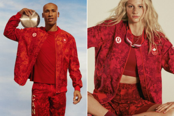 Team Canada's Damian Warner and Summer McInstosh model the opening ceremony designs that will be worn at the 2024 Summer Olympics.