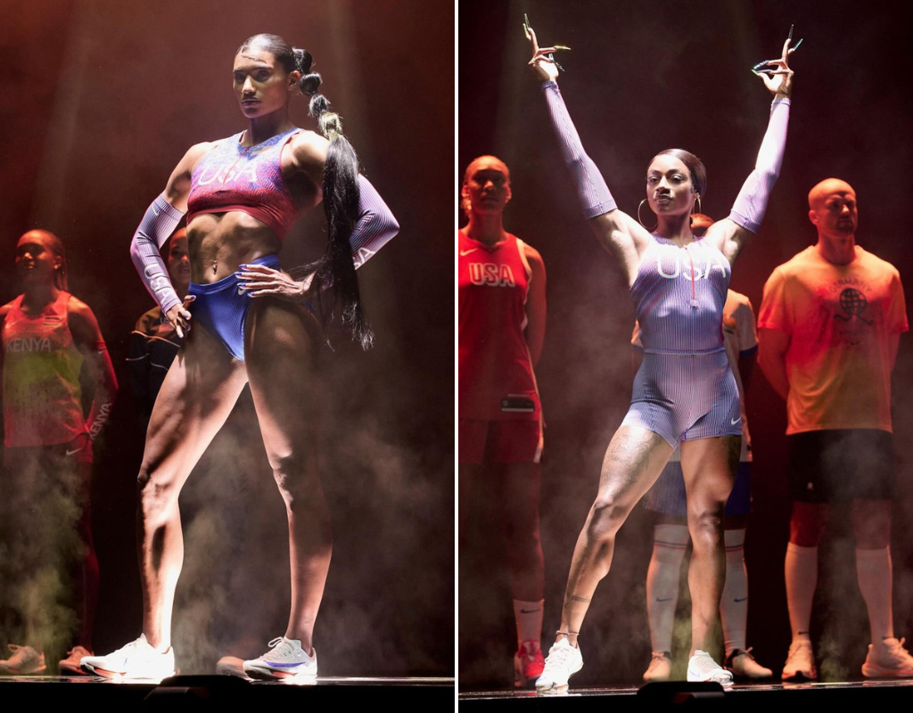 Split screen image of Anna Cockrell (L) and Sha'Carri Richardson (R) during a Nike launch show in Paris. Nike unveiled the new uniforms for Team USA's track and field Olympians to widespread backlash, prompting a debate on women's athletic apparel.
