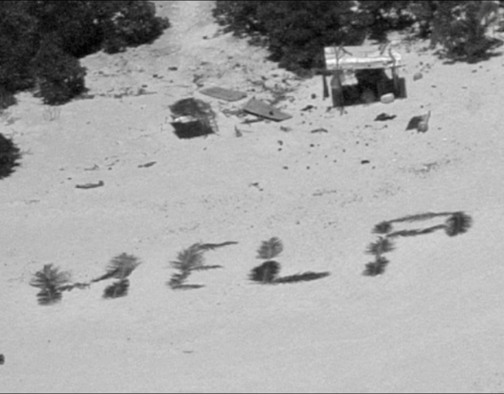 Photo of the word 'HELP' written out in palm leaves. Three stranded sailors were rescued from a deserted island in the Pacific on Tuesday after their sign for help was spotted by a U.S. Navy plane.