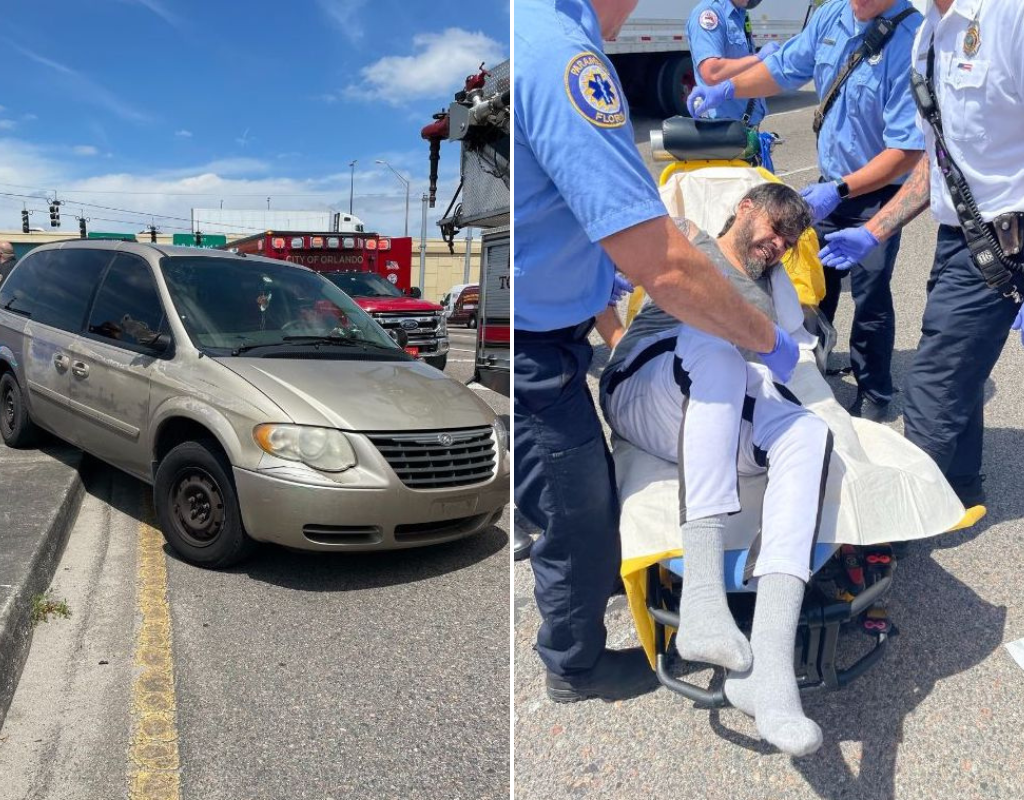 Left image shows a beige minivan halfway up on the sidewalk after a car chase with Florida police. Right image shows Walter Medina being detained on what appears to be a stretcher, surrounded by authorities.