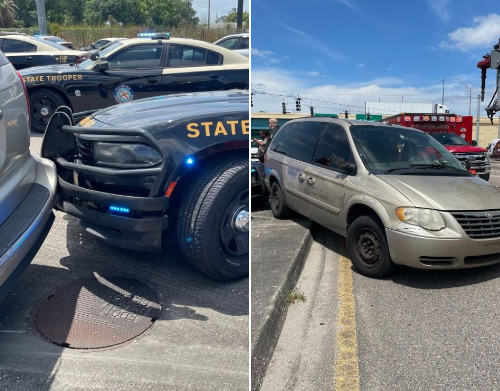 State trooper vehicles pin in a beige Chryster minivan that is half on the sidewalk.