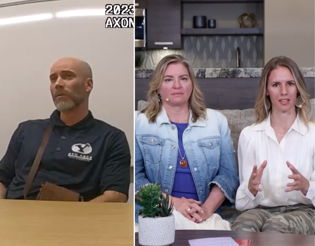 Split screen image of Kevin Franke (L) in an August 2023 police interview and Jodi Hildebrandt and Ruby Franke (R) as seen in an Instagram video together. Kevin Franke has sued Jodi Hildebrandt for negligence and emotional distress two months after she and Ruby Franke were sentenced to four to 60 years in prison for child abuse.