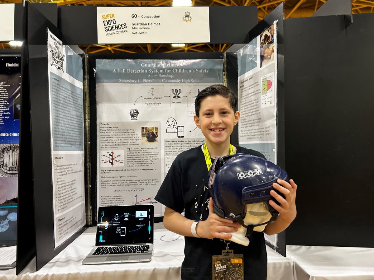 Adam Hamdaqa, 12, shows off his invention at the Hydro Quebec Super Expo-sciences on April 21, 2024.