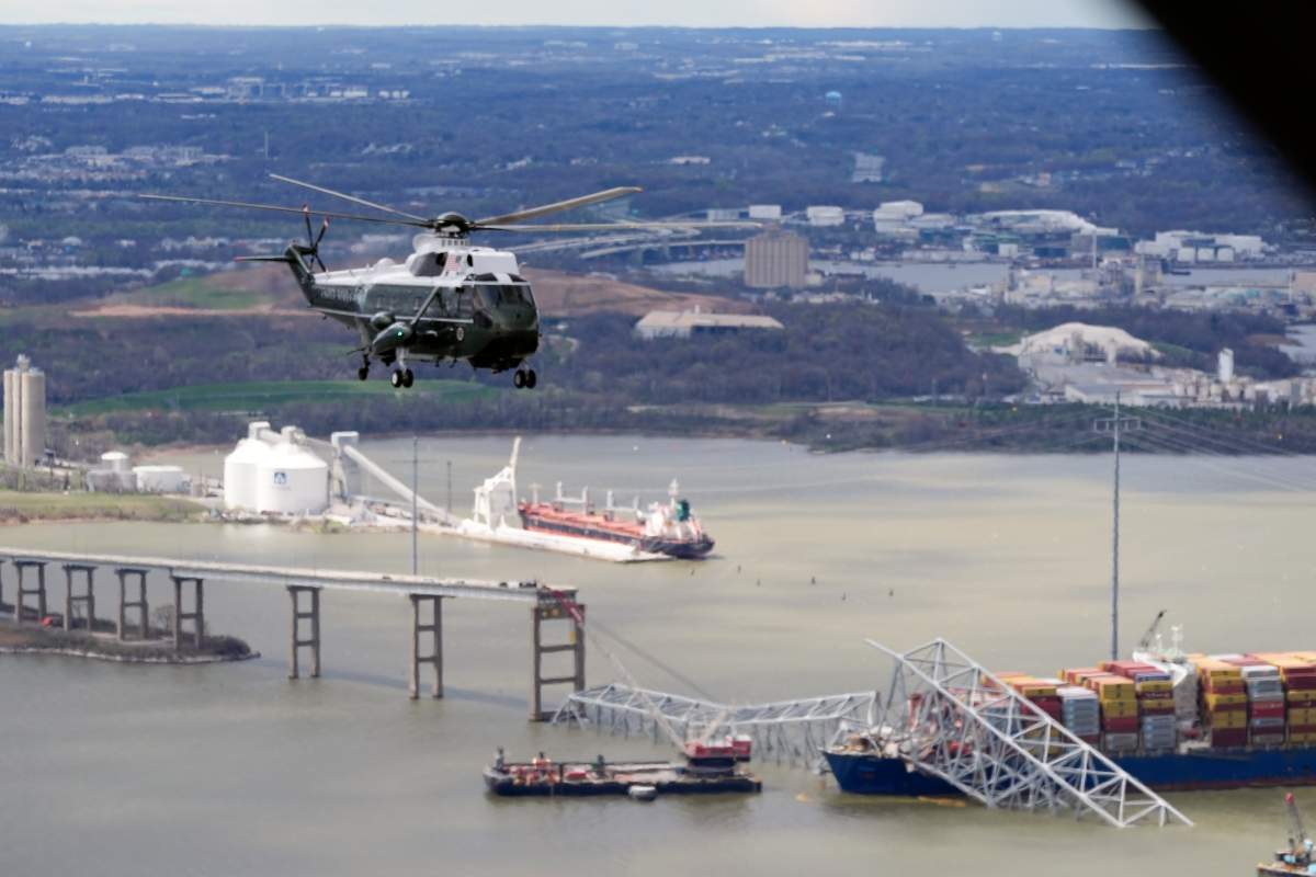 President Joe Biden, aboard Marine One, takes an aerial tour of the collapsed Francis Scott Key Bridge in Baltimore, Friday, April 5, 2024, as seen from an accompanying aircraft.