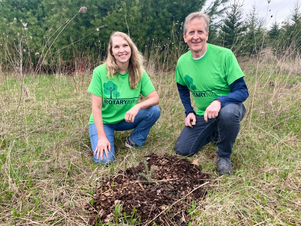 Rotary Club of Guelph members David Latreille (right) and Weatherson planting trees.