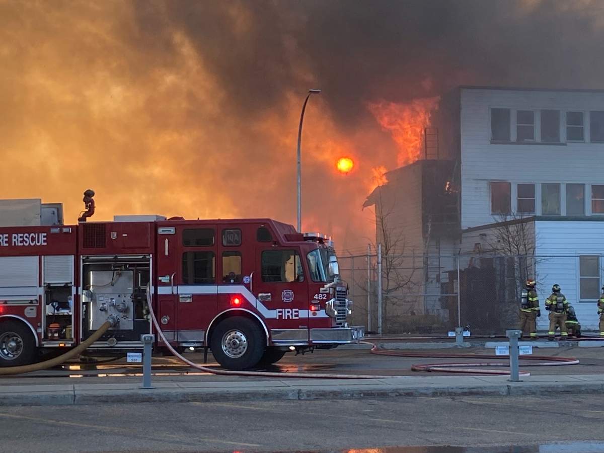 A large fire broke out at an old municipal airport hangar between the NAIT campus and Blatchford in central Edmonton on Monday, April 22, 2024.