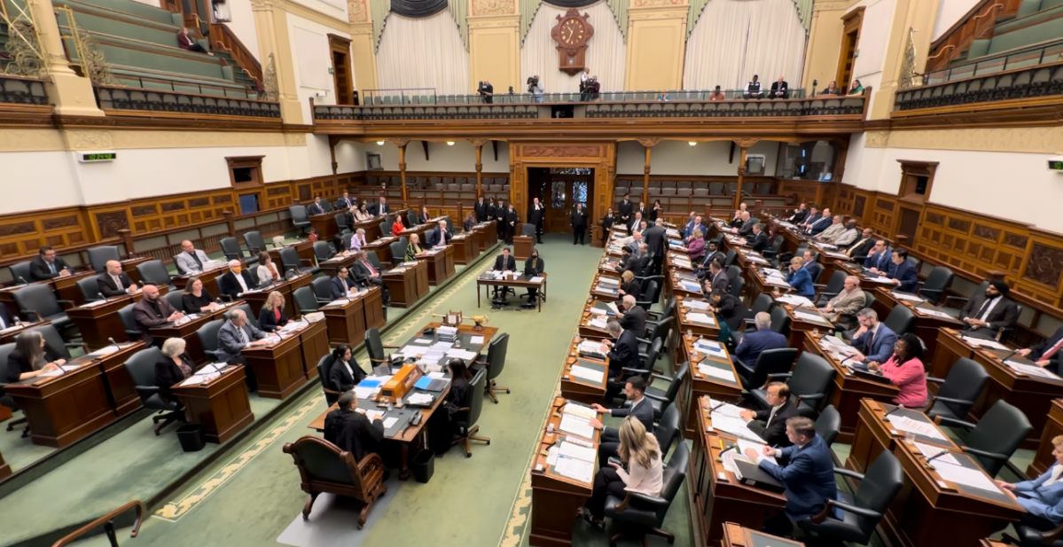 MPPs sit inside the Ontario legislature on April 23, 2024. A second attempt by the Ontario NDP to overturn a ban on wearing the keffiyeh inside the legislature ended in failure Tuesday.