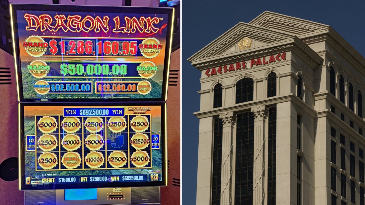 A split image. On the left is a 'Dragon Link' slot machine displaying a US$692,500 win. On the right is the exterior of Caesars Palace in Las Vegas, Nev.