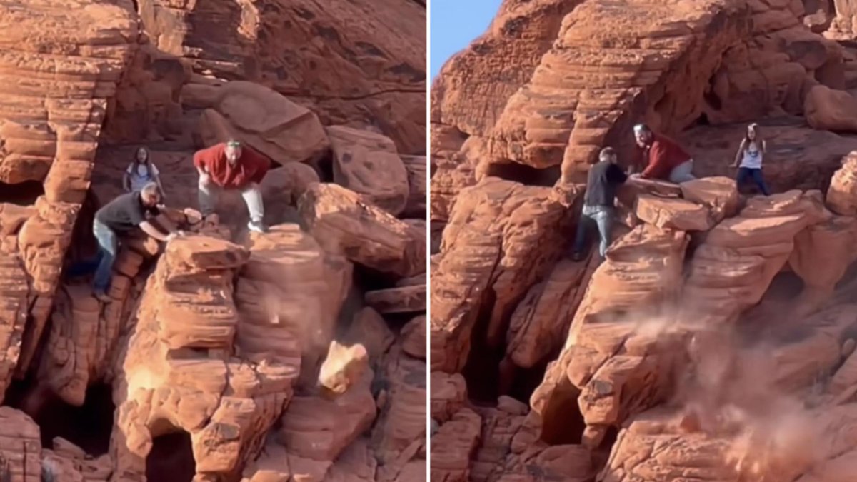 A split image. In both panes, two men are seen pushing at large chunks of reddish sandstone while a young girl watches on behind them.