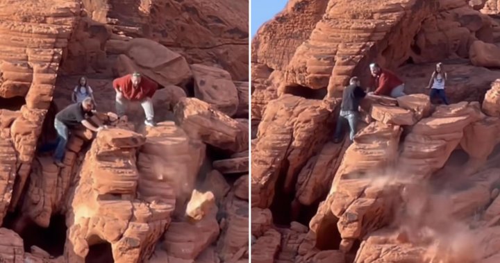 Двама мъже са заснети да се хвърлят, унищожавайки древни скални образувания в езерото Мийд