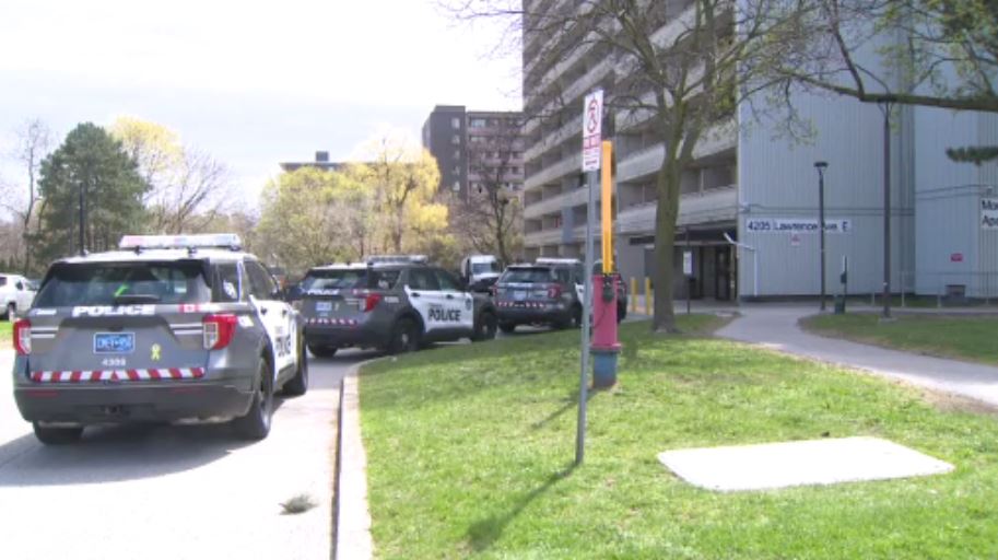 Police investigating a homicide at a Scarborough apartment building on April 24, 2024.