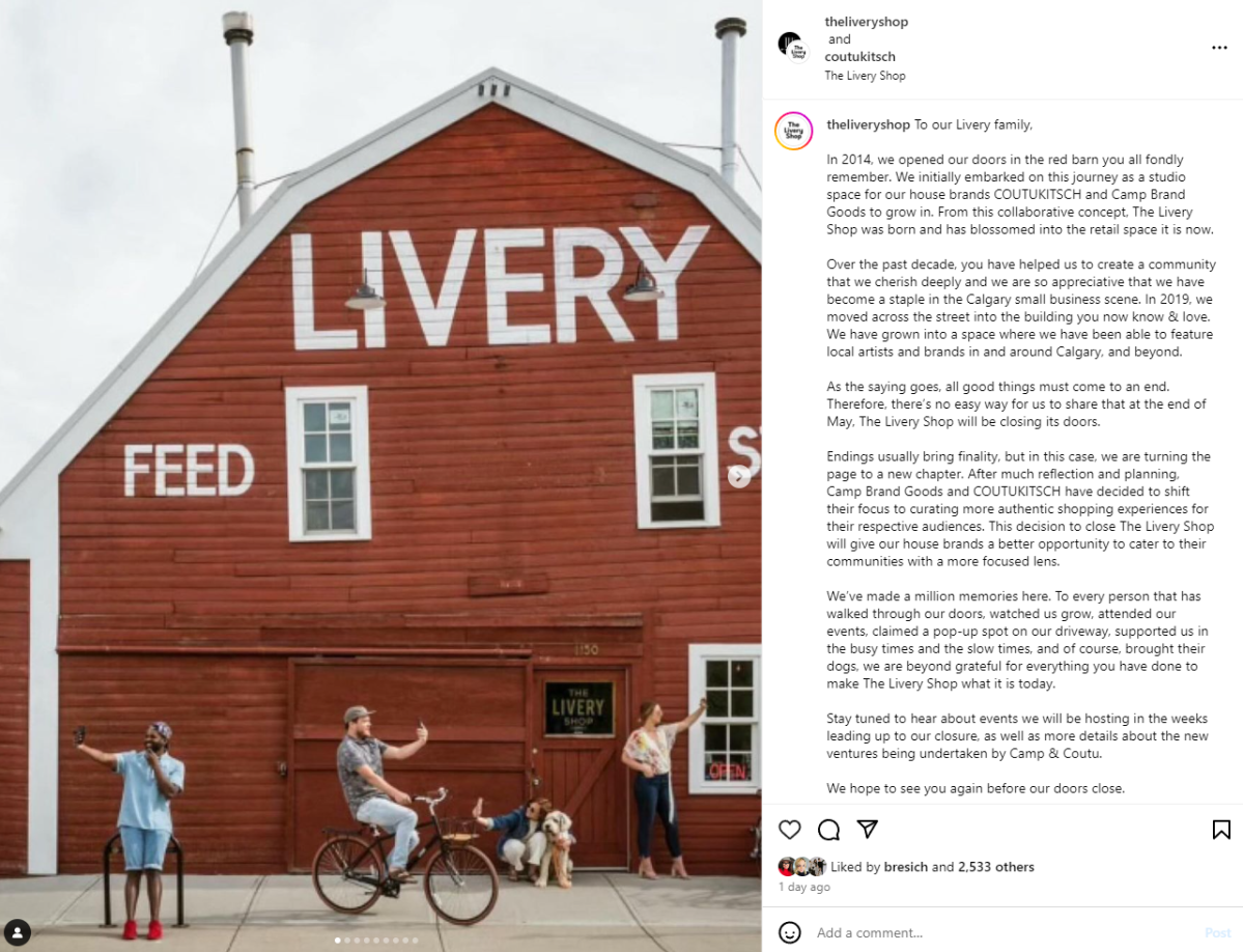 On Instagram, The Livery Shop announced its closure at the end of May 2024.