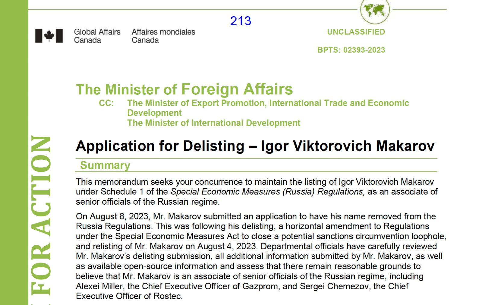 Government memo recommending Igor Makarov remain on Canada’s sanctions list.