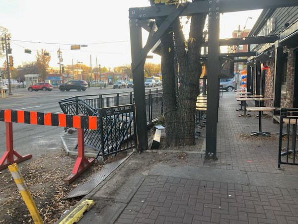 The framing of the old patio at Hudsons Canada's Pub on Whyte Avenue before sidewalk construction began in 2021.