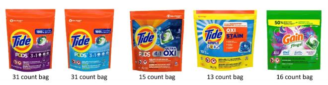 Bags of Tide PODS and Gain Fling liquid laundry detergent pods recalled by Health Canada.