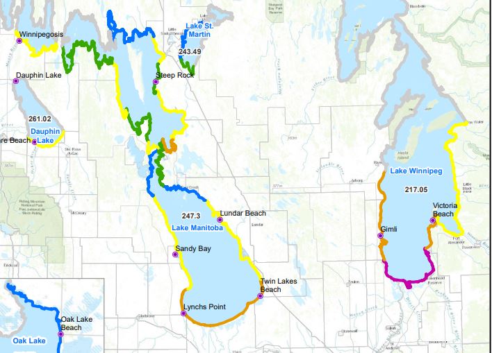 A map showing potential wave action Saturday.  Purple means significant wave action is expected in those areas, orange means moderate-high wave action and yellow means moderate action. Green means low wave action, while blue means light wave action.     
