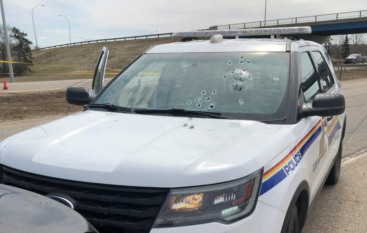 One of the RCMP officers' vehicles after the exchange with a man on May 6, 2020, near Leduc.