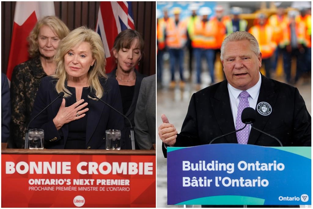 Ontario Liberal Leader Bonnie Crombie talks to the media at the Queens Park Legislature in Toronto on December 5, 2023; Ontario Premier Doug Ford speaks to the media during an announcement in Caledon, Ont., on Tuesday, April 30, 2024. THE CANADIAN PRESS/Chris Young, Cole Burston.