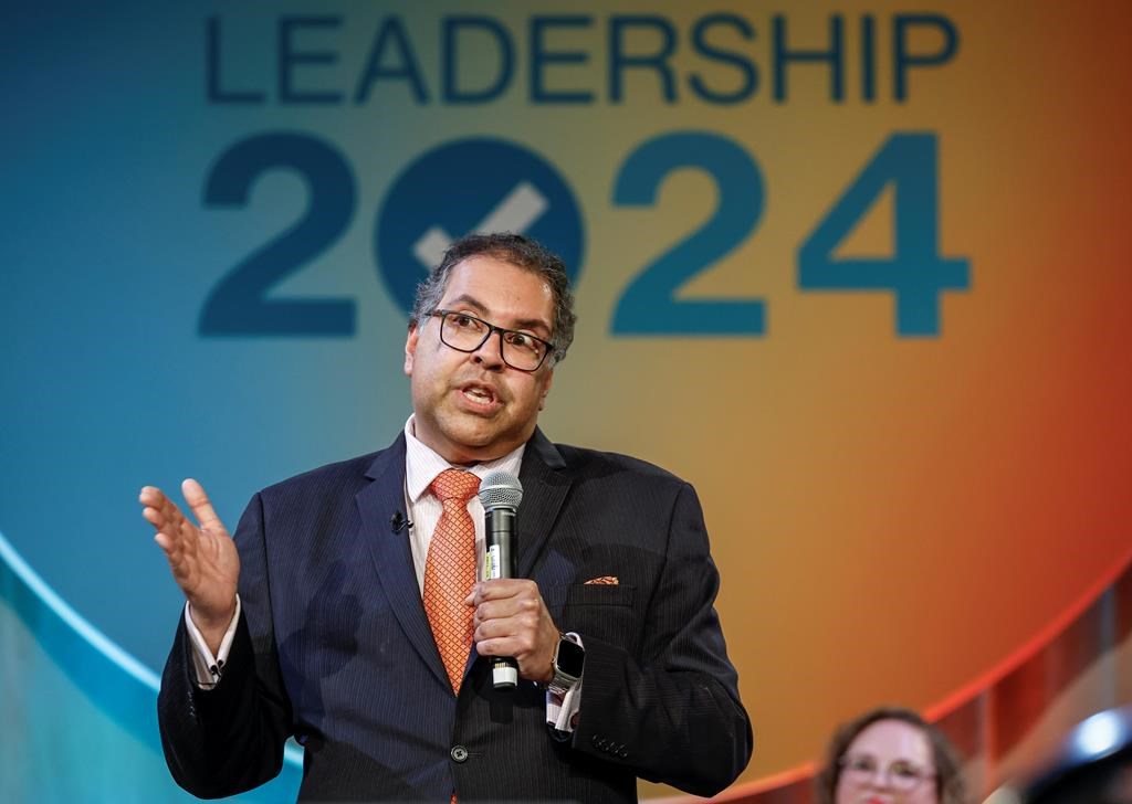 Alberta NDP leadership candidate Naheed Nenshi answers a question during a leadership debate in Calgary, Alta., Saturday, May 11, 2024.
