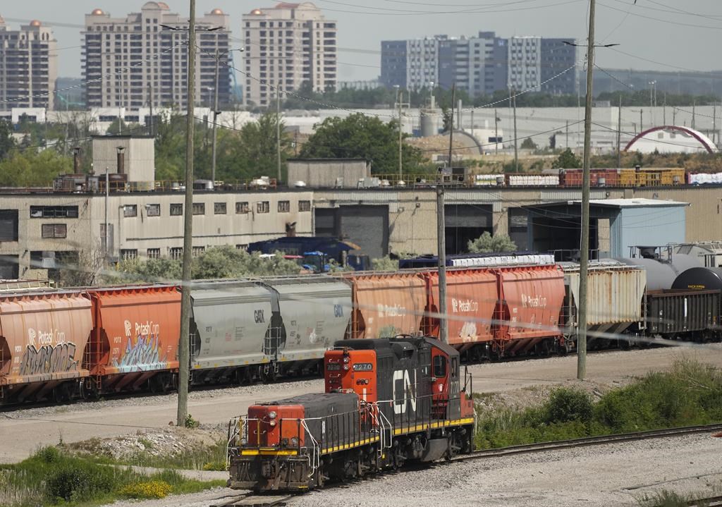 The Federal Court of Appeal has pressed pause on a lower court decision to halt construction of a massive rail-and-truck hub in the Greater Toronto Area. CN rail trains are shown in Vaughan, Ont., on Monday, June 20, 2022. 