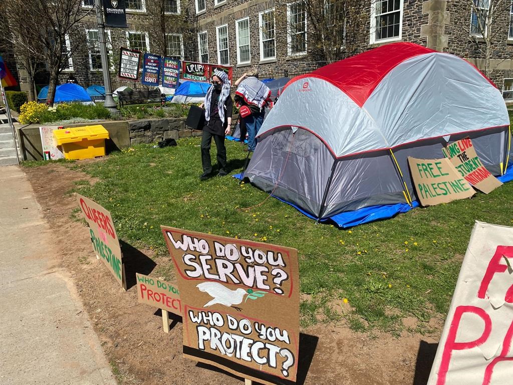 More than a dozen tents are set up at a pro-Palestine encampment in front of a Dalhousie University building in Halifax on Monday, May 13, 2024. THE CANADIAN PRESS/Lyndsay Armstrong.