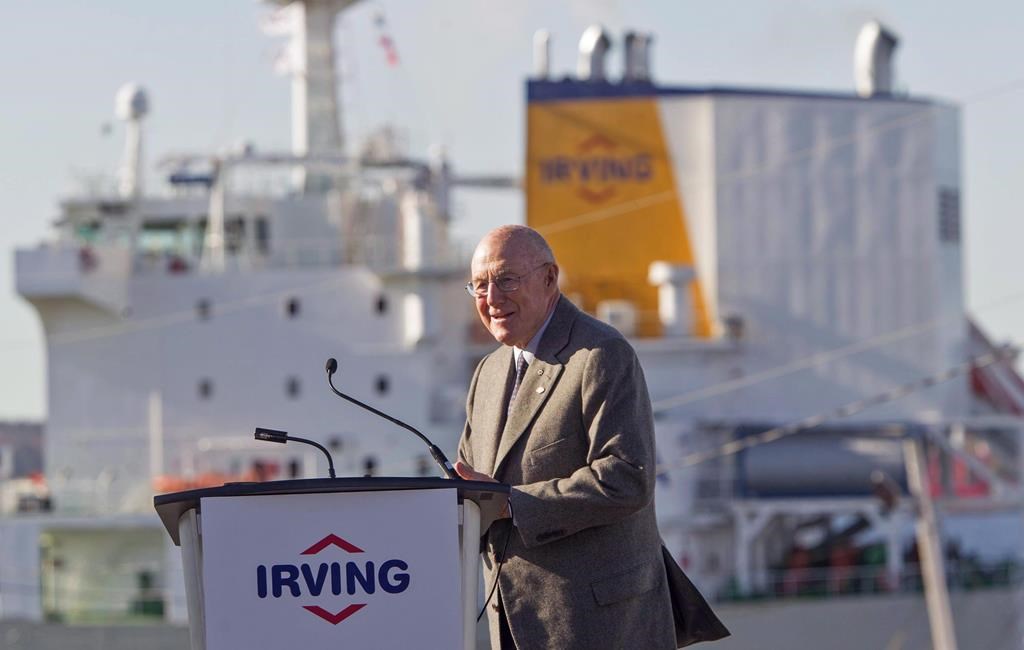 Arthur L. Irving, the second-born son of New Brunswick industrialist K.C. Irving, has died at the age of 93 after a life spent growing the oil business that his father founded. Irving, then chairman of Irving Oil, takes to the podium during the grand opening of the Halifax Harbour Terminal in Dartmouth, N.S., Thursday, Oct. 20, 2016. THE CANADIAN PRESS/stringer.
