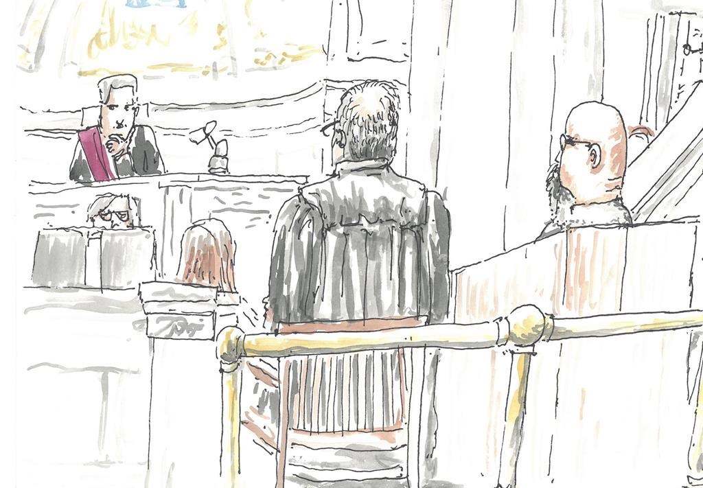 Court of King’s Bench Chief Justice Glenn Joyal, left, defence lawyer Leonard Tailleur, centre, and Jeremy Skibicki, right, are shown in this courtroom sketch in Winnipeg on April 29, 2024.