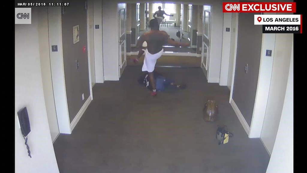 This frame grab taken from hotel security camera video and aired by CNN appears to show Sean “Diddy” Combs attacking singer Cassie in a Los Angeles hotel hallway in March 2016.