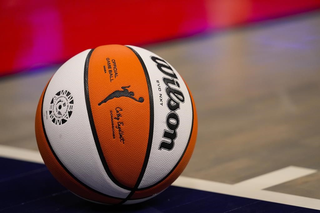 The game ball is shown in the first half of a WNBA basketball game in Indianapolis, Monday, May 20, 2024.