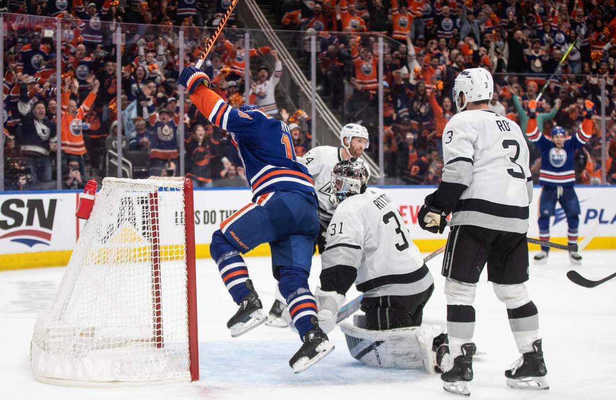 Los Angeles Kings goalie David Rittich (31) is scored on by Edmonton Oilers' Zach Hyman (18) during second period NHL playoff action in Edmonton on Wednesday May 1, 2024.