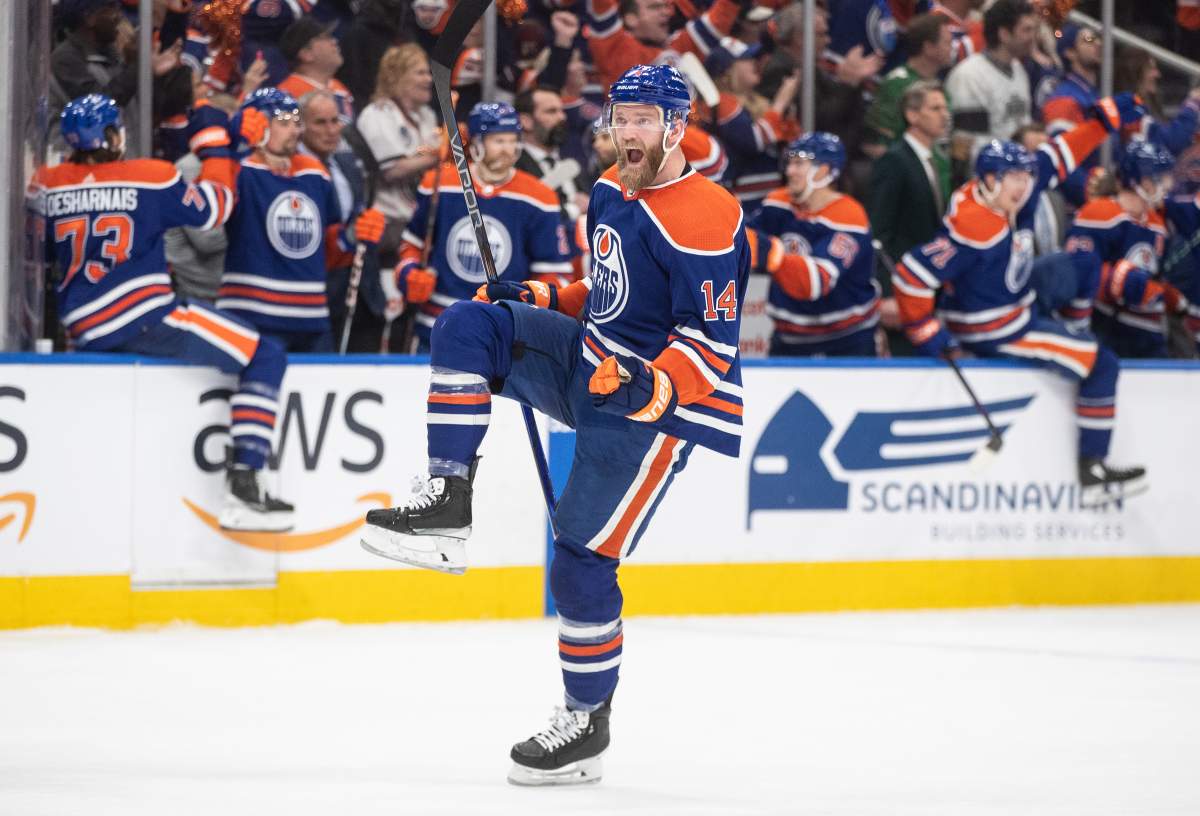Edmonton Oilers' Mattias Ekholm (14) celebrates the win over the Los Angeles Kings during NHL playoff action in Edmonton on Wednesday May 1, 2024.