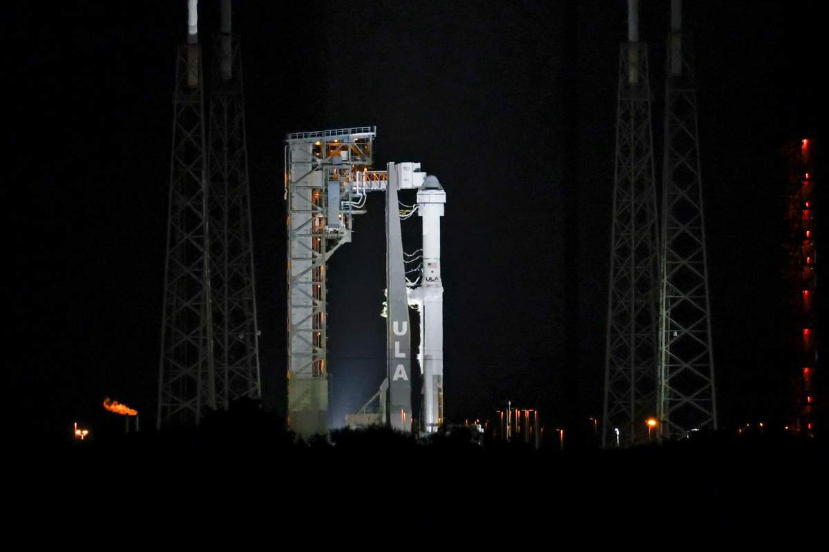 Boeing's Starliner capsule atop an Atlas V rocket is seen at Space Launch Complex 41 after the launch attempt was scrubbed at the Cape Canaveral Space Force Station, late Monday, May 6, 2024, in Cape Canaveral, Fla.