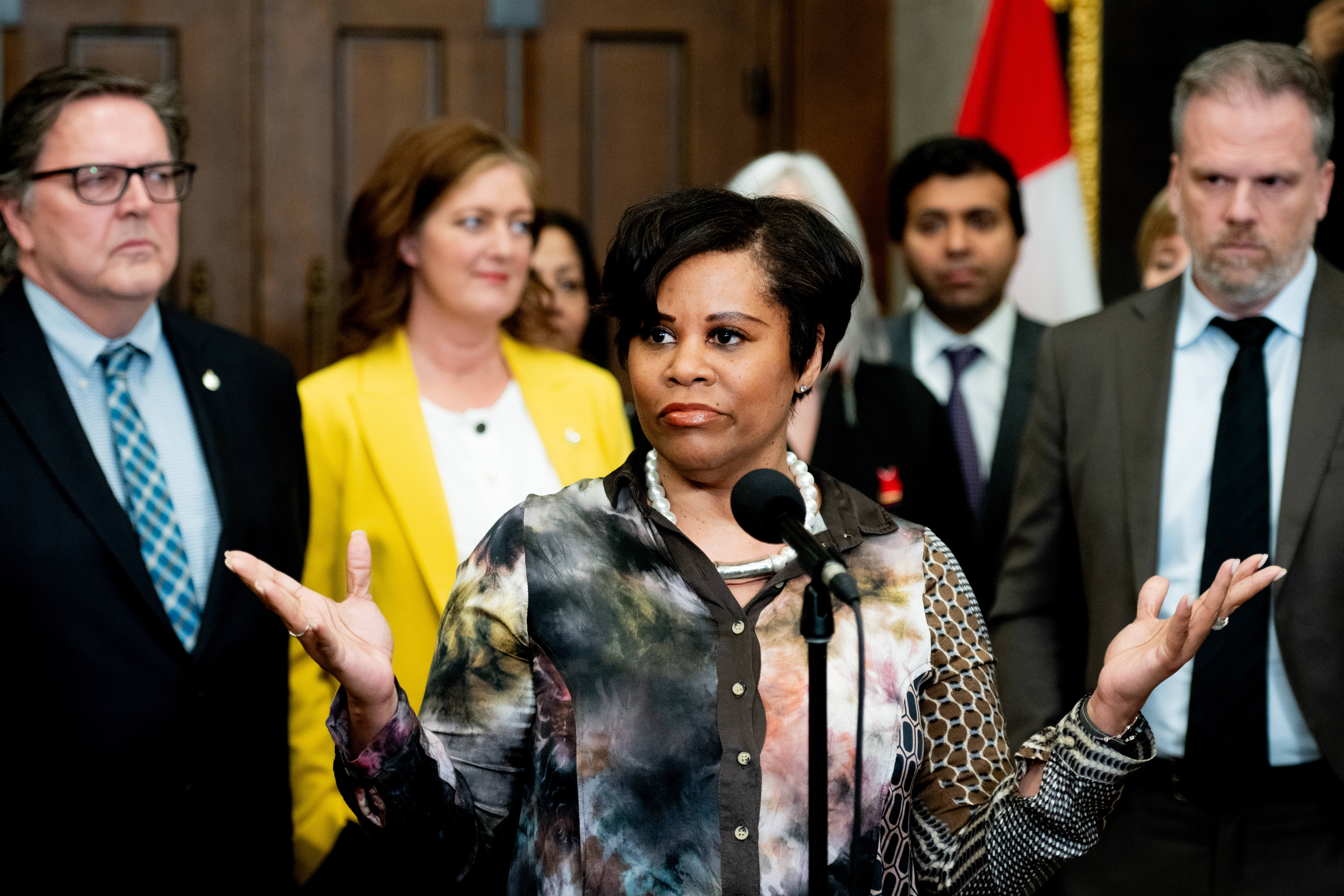 Marci Ien Minister for Women and Gender Equality and Youth speaks in the Foyer of the House of Commons on Parliament Hill in Ottawa, on Wednesday, May 8, 2024.