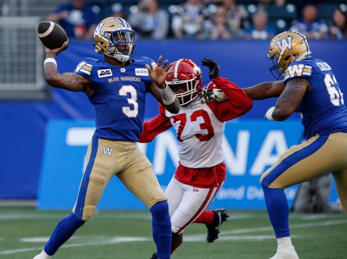 Winnipeg Blue Bombers quarterback Terry Wilson (3) throws against the Calgary Stampeders during first half CFL pre-season action in Winnipeg Friday, May 31, 2024.