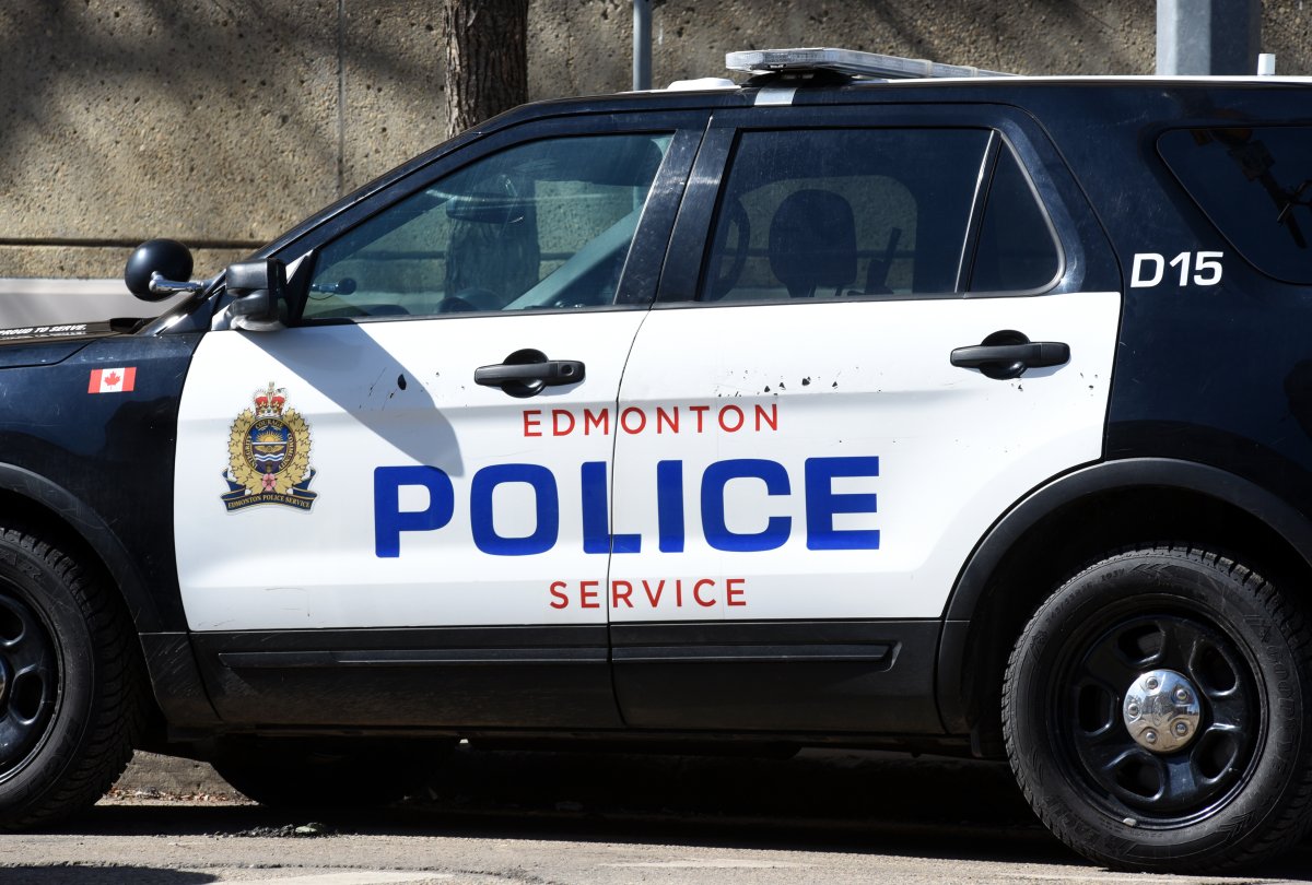 An Edmonton Police Service vehicle is pictured outside the police department's downtown division offices in Edmonton, Alta., on April 12, 2023.