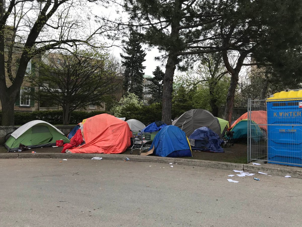 A photo of an encampment near Hamilton City Hall from May 2023.  