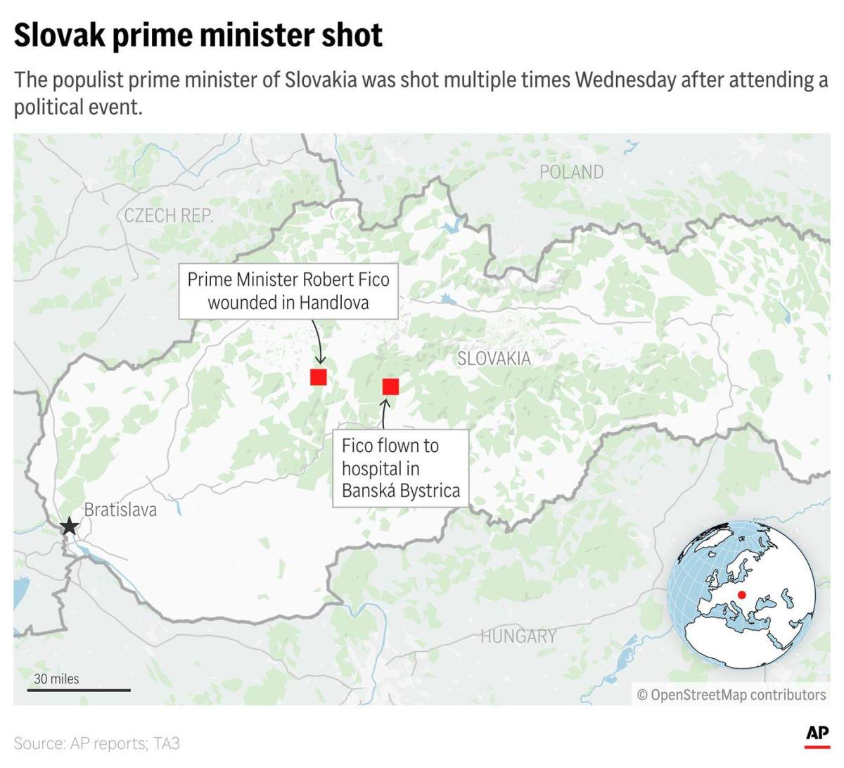 A map showing the location in Slovakia where Prime Minister Robert Fico was shot on May 15, 2024.