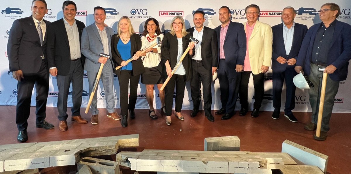 City of Hamilton staff, politicians and stakeholders in the redevelopment of FirstOntario Centre during a groundbreaking ceremony on May 16, 2024.