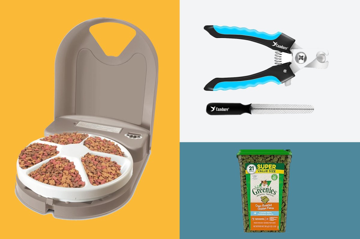 National Pet Day featuing an automaic feeder, nail clippers for dogs and greenies cat treats