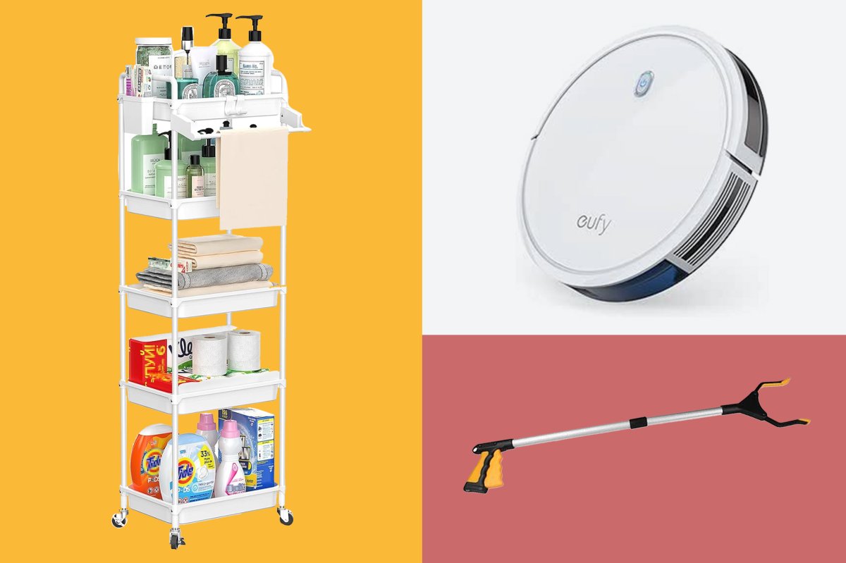 Cleaning products to help with mobility issues including a rolling cart, robot vacuum and grabber