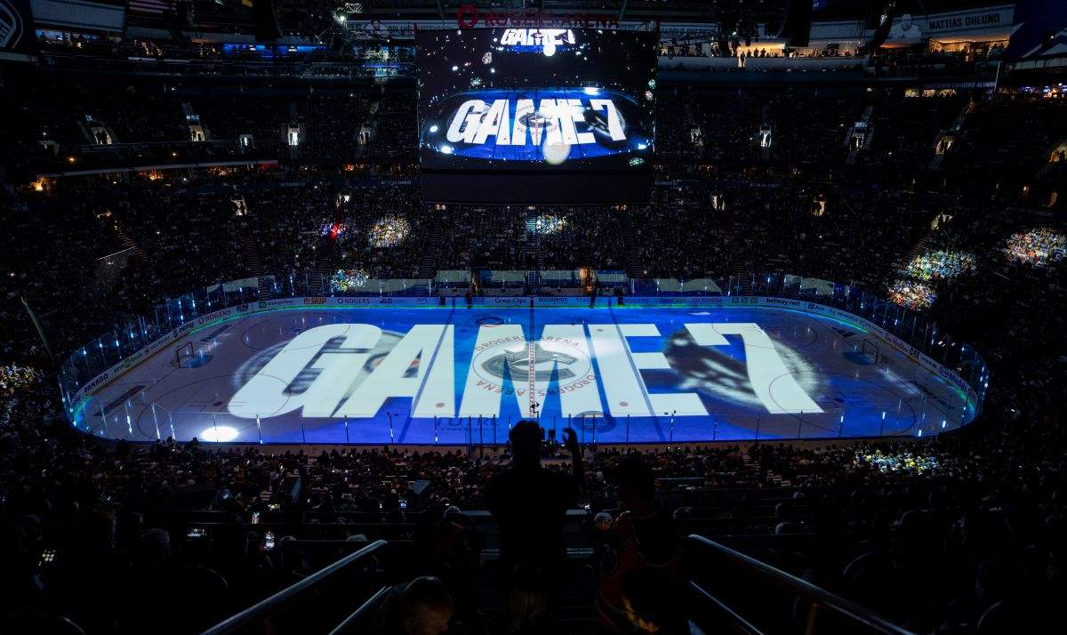 "Game 7" is projected on the ice before the Edmonton Oilers and the Vancouver Canucks play the first period in Game 7 of an NHL hockey Stanley Cup second-round playoff series, in Vancouver, on Monday, May 20, 2024.