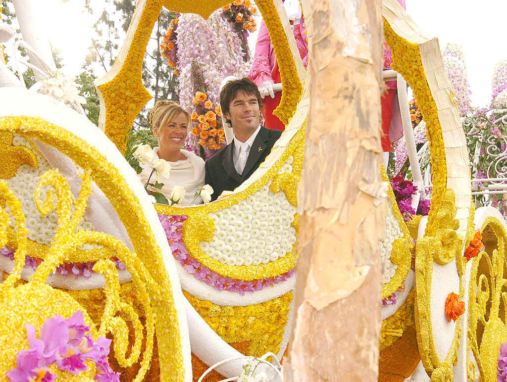 Trista and Ryan Sutter ride on the FTD float "Love Songs" in The 115th Tournament of Roses Parade.