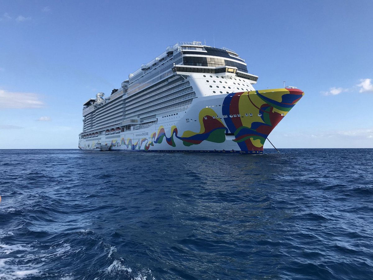 The Norwegian Encore cruise ship in the water.