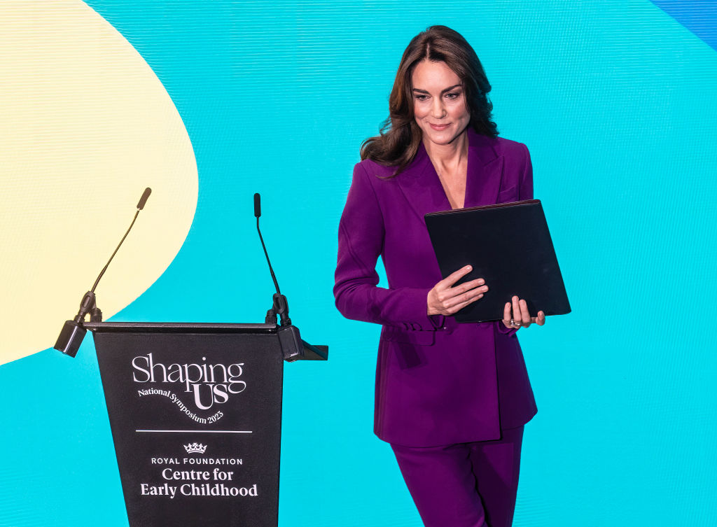 Catherine, Princess of Wales makes a key note speech during the Shaping Us National Symposium at Design Museum on November 15, 2023 in London, England.