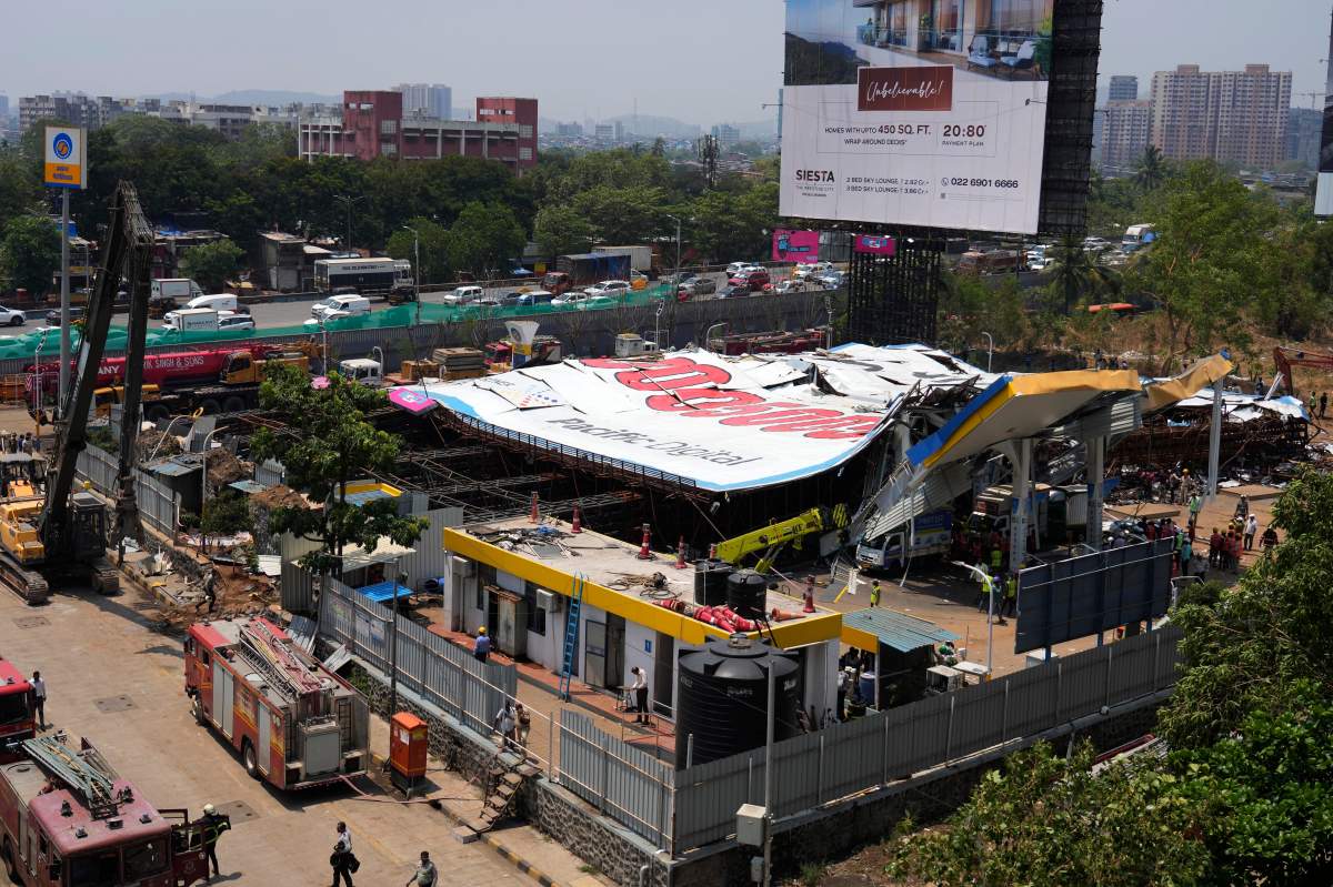 A general view of a large billboard that collapsed Monday evening following heavy rain and thundershowers at Ghatkopar, a suburb of Mumbai, India, Tuesday, May 14, 2024. (AP Photo/Rajanish Kakade)