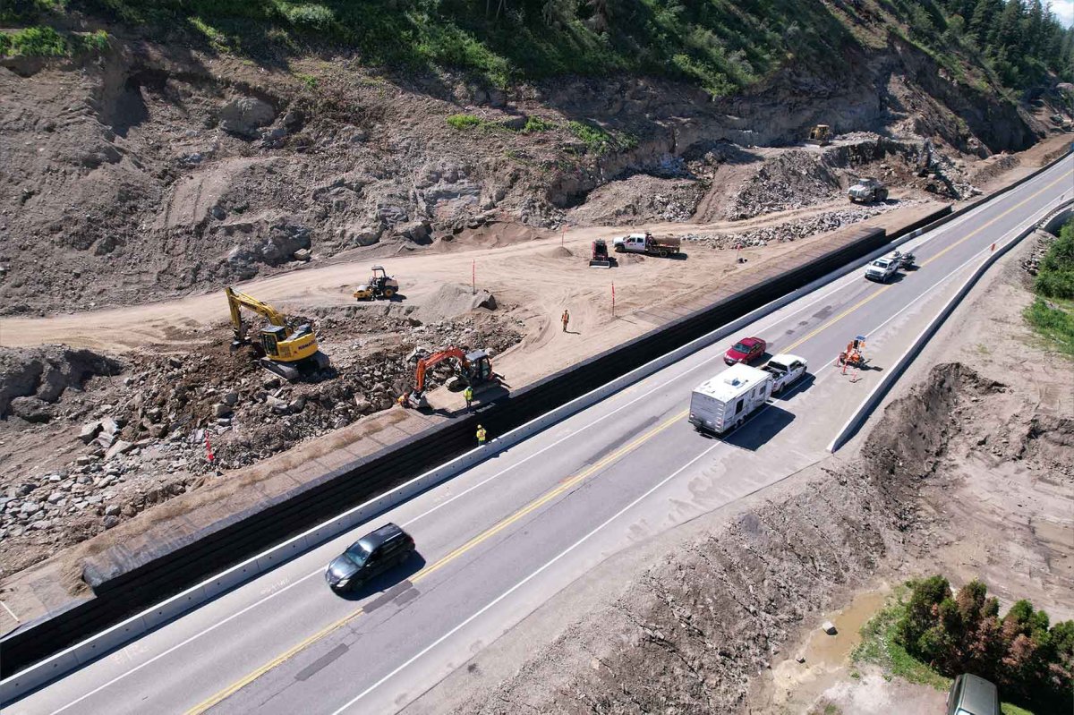 An aerial view of the Trans-Canada Highway being expanded near Chase, B.C.