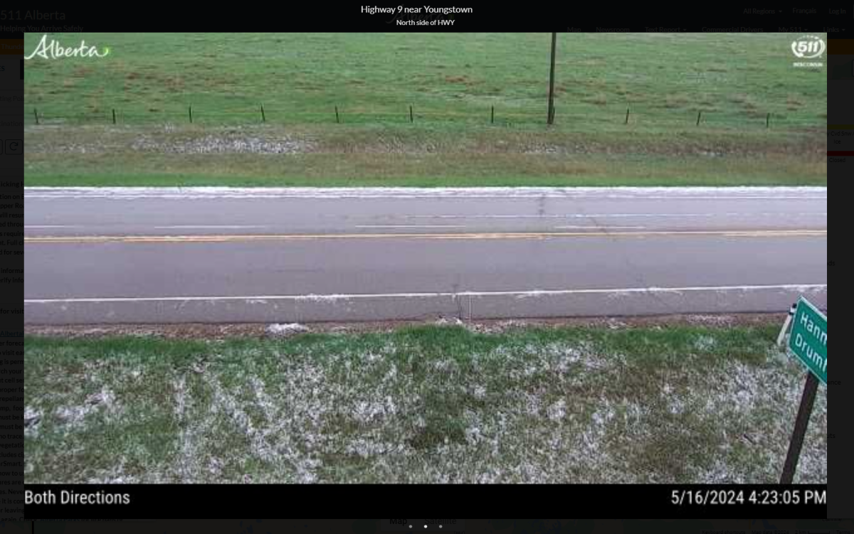 Traffic camera images showing hail along Highway 9 near Youngstown after a severe thunderstorm that possibly produced a tornado swept through on Thursday, May 16, 2024.
