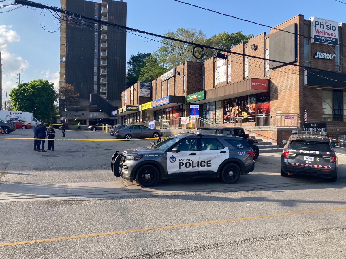 Police on the scene of a stabbing in the area of Jane Street and Alliance Avenue on May 22, 2024.