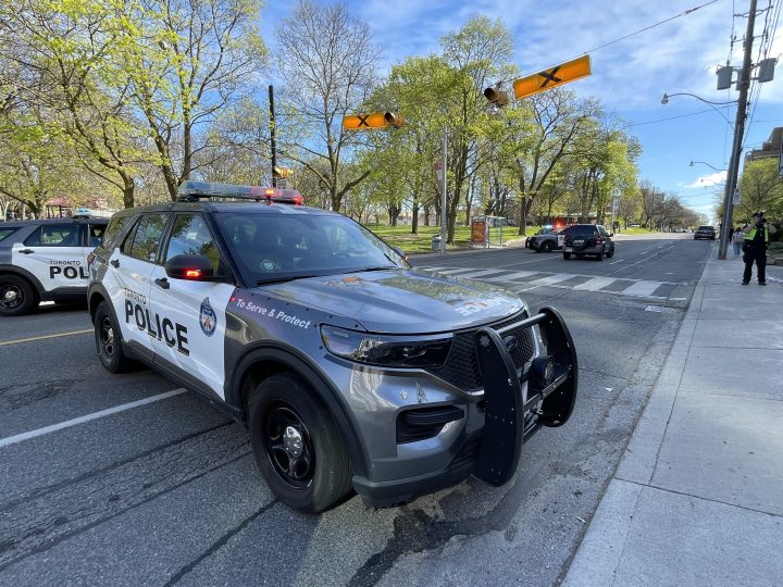 The scene of the collision in the Mount Pleasant Road and Davisville Avenue area. Toronto Police said that an adult and child were struck and that the driver remained at the scene.